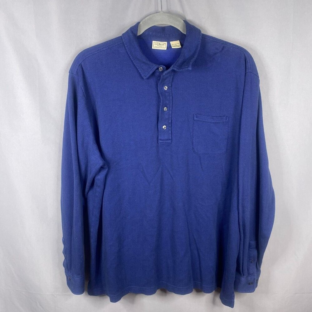 LL Bean Shirt Mens XXL Blue Herringbone Polo Pima Cotton Long Sleeve Pullover